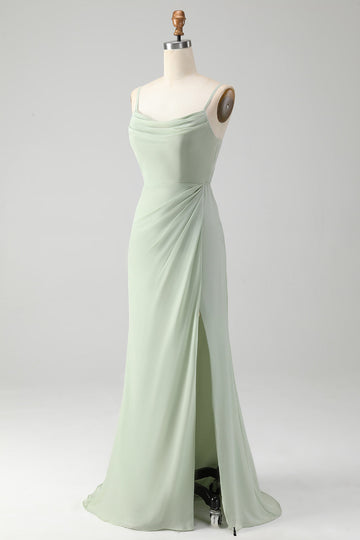 Matcha A Line Spaghetti stropper Satin Long brudepike kjole med blonder opp tilbake